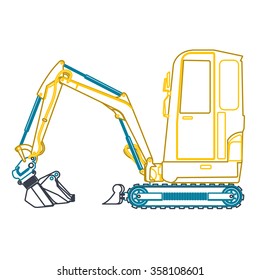 Yellow blue small outline digger builds roads, loads building material. Bagger digging of sand coal rock and gravel. Flatten illustration master vector icon Digger Crane Small Bagger Excavator