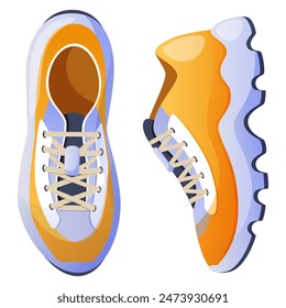 Zapatillas azules amarillas para correr y entrenar, para practicar deportes. Ropa deportiva, uniformes deportivos, zapatos deportivos. Ilustración vectorial de las zapatillas de deporte de encaje moderno superior y vista lateral.