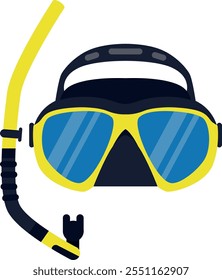 A yellow and blue snorkel and goggles