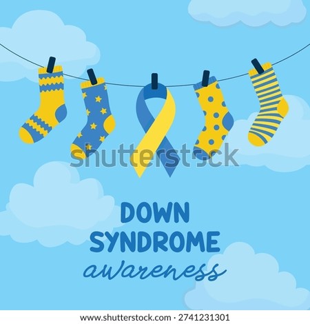 Yellow and blue socks hanging against sky and clouds for Down syndrome awareness, symbolizing inclusion, support and World Down Syndrome Day campaign