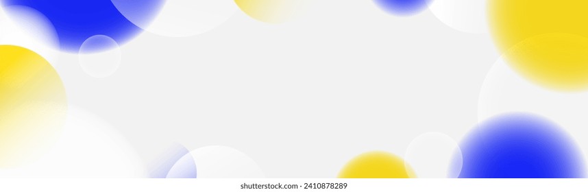 Fondo de la esfera azul amarillo. Resumen de burbujas flotantes de luz y papel tapiz de bolas. Fondo de círculo de gradiente suave y borroso. Plantilla de diseño horizontal para banner, afiche, presentación, folleto. Vector