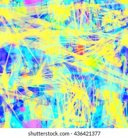 Yellow and blue. Spots, shapeless stains, thin lines, sharp-angled elements such as spines or thorns, streaks and scratches. Like network.  Abstract seamless vector background. 