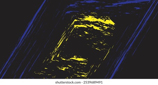 Textura grunge cuadrada amarilla y azul, trazo de pincel aislado sobre fondo negro.

