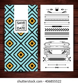 Yellow and blue square shaped save the date invitation with assorted replacement borders and shapes over wooden surface background