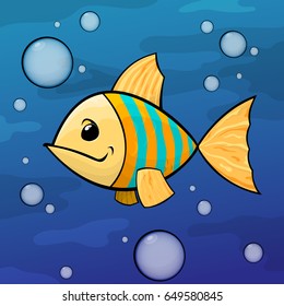 Yellow blue striped fish, floating at depth in the sea