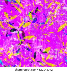 Yellow and blue stylized petals on purple background. Abstract seamless texture for fabric, wrapping, home decor.