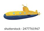 Yellow and blue submarine with portholes, on a white background. Concept of underwater exploration. Vector illustration