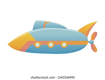 Yellow and blue submarine undersea cartoon style bathyscaphe underwater ship, diving exploring at the bottom of sea flat vector design.