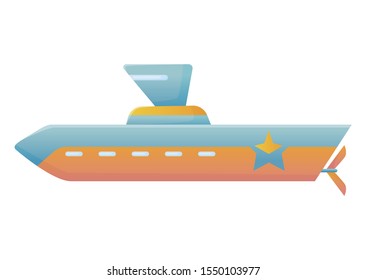 Yellow and blue submarine undersea cartoon style bathyscaphe underwater ship, diving exploring at the bottom of sea flat vector design.