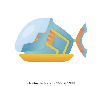 Yellow and blue submarine undersea cartoon style bathyscaphe underwater ship, diving exploring at the bottom of sea flat vector design.