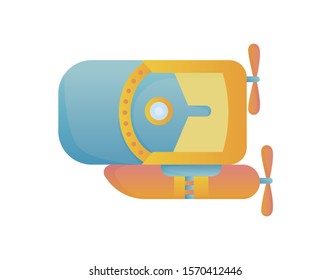 Yellow and blue submarine undersea cartoon style bathyscaphe underwater ship, diving exploring at the bottom of sea flat vector design.