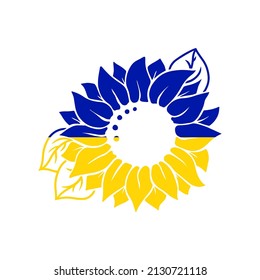 Yellow blue sunflowers with leaves in silhouette isolated on white. Hand drawn floral vector flat illustration. Summer flower clipart. Stencil design for greeting card, invitation,  banner