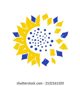 Yellow blue sunflowers with leaves in silhouette isolated on white. Hand drawn floral vector flat illustration. Summer flower clipart. Stencil design for greeting card, invitation,  banner