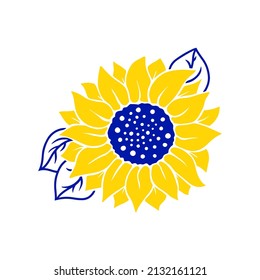 Yellow blue sunflowers with leaves in silhouette isolated on white. Hand drawn floral vector flat illustration. Summer flower clipart. Stencil design for greeting card, invitation,  banner