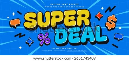 Yellow and blue super deal text effect with comic elements on blue background