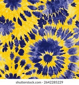 Yellow and blue tie-dye pattern with dark navy accents. tie-dye seamless pattern, shibori style, vector illustration, doodle summer, kids and baby designs for print fabric.