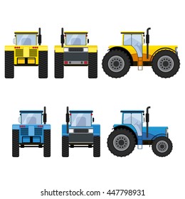 Yellow and blue tractors with big wheels isolated on the white background. Front, rear and side views.