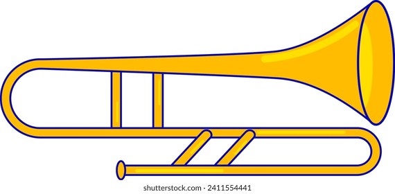 Yellow and blue trombone musical instrument design. Brass wind instrument for orchestra and jazz band vector illustration.