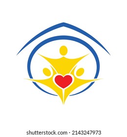 Yellow and blue Ukraine national color people abstract silhouettes with red heart. Save our home in war with Russia 2022