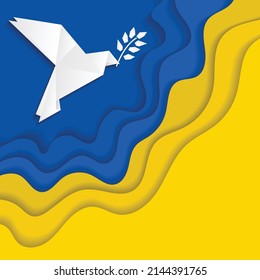 Yellow and blue Ukraine national color cut paper background with whute origami dove silhouette and olive branch. Peace in Ukraine wallpaper