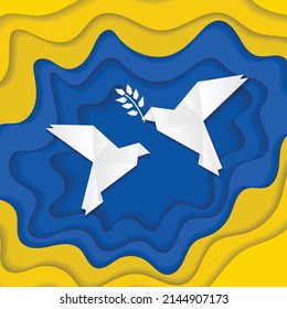 Color nacional de Ucrania amarillo y azul de fondo de papel cortado con origami blanco dos siluetas de palomas y rama de olivo. Fondo de pantalla de la Paz en Ucrania