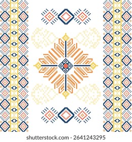Yellow and blue Ukrainian national pattern. Seamless pattern for embroidery. Cross-stitch pattern. Pixel seamless pattern. Vector illustration. Design for background, elaborate borders, and textiles.