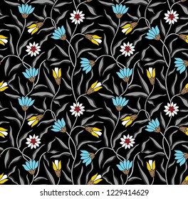 yellow and blue vector small flower pattern on black background