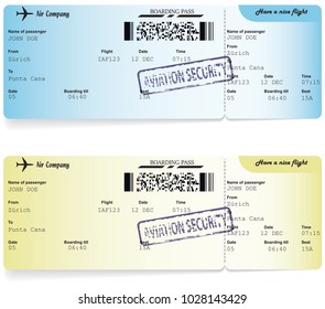 Yellow and blue vector templates of boarding pass tickets. Concept of trip or travel