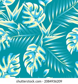 yellow blue vintage color in monochromatic style tropical bird of paradise flowers seamless pattern with monstera plants and fern leaves on pastel background. Floral background. Exotic tropics. Summer