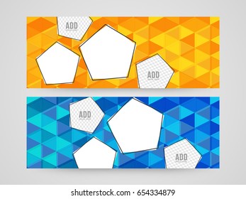 Encabezados de sitios web amarillos y azules con diseño geométrico abstracto y espacio para añadir tus imágenes.