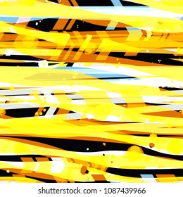 Yellow, blue, white elements on black backdrop. Stripes, arrows, spots. 
 Seamless texture. Abstract vector background for web page, banners backdrop, fabric, home decor, wrapping