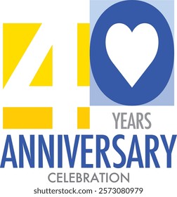 yellow and blue with white heart shape number 40 and word years anniversary celebration are at the bottom.
