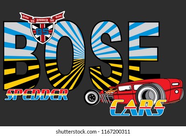 Yellow, blue and white lined texts with around red car and logo on black background. Vector illustration.