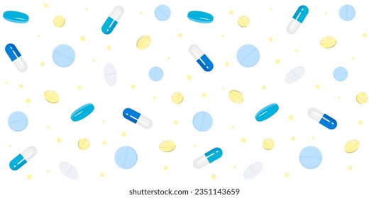 Yellow, blue and white medicines and vitamins on a white background. Medical endless texture. Vector seamless pattern for medical center, pharmacy, hospital. Concept of medicine, health or health care