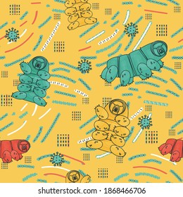 Yellow, blue, white, pink tardigrade seamless repeat  pattern with lines and dots