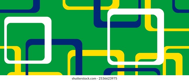 Cuadrados blancos azules amarillos en el fondo inconsútil geométrico verde, abstracto