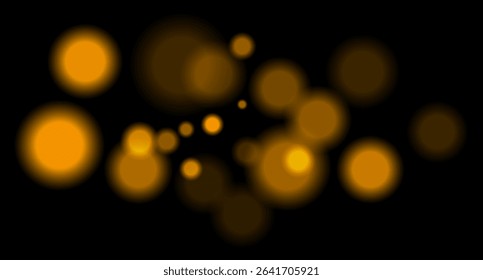 Yellow blurred bokeh circles on black background with soft glow, imitating distant lights or defocused highlights in low-light environment.