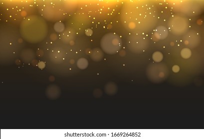 Las luces amarillas borrosas añaden textura. Fondo mágico negro con borrosos de luz de color dorado, partículas de oro brillantes caen fondo abstracto