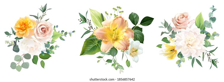 Yellow, blush pink and white rose, lily, mustard rose, tulip, spring garden flowers, eucalyptus, greenery vector design. Wedding summer floral bouquet collection. Elements are isolated and editable