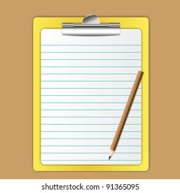 Yellow board and paper sheet and pencil.