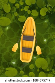 A yellow boat floats through a swamp with water lily leaves, top view. Landscape of a green river or ocher surface with aquatic plants. Vector cartoon style