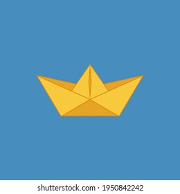 Yellow boat made of origami on a blue background. Vector. 