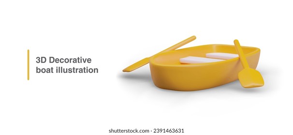 Yellow boat with oars. 3D decorative illustration. Isolated vector object. Advertising of boat trips. Rent, sale, service. Color concept in cartoon style svg