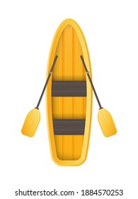 Yellow boat with oars top view. For kayaking and rowing design. In cartoon style Isolated. Vector.