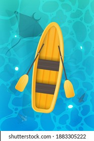 Yellow Boat With Oars. Turquoise Surface Of Water In The Ocean With Fishes. View From Above. Background For A Summer Poster, Foyer Or Postcard. Vector.