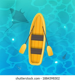 Yellow Boat With Oars. Turquoise Surface Of Water In The Ocean With Fishes. Background For A Summer Poster, Foyer Or Postcard.  View From Above. Vector.