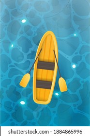 Yellow boat with oars. Turquoise water surface in the ocean. View from above. Background for a summer poster.