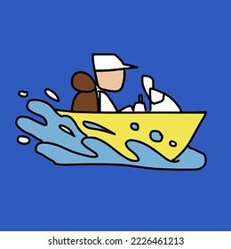 yellow boat sea kid captain cartoon art illustration