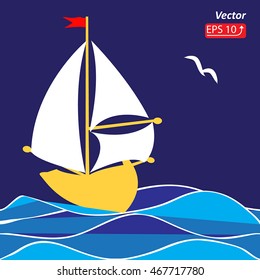 Yellow boat with white sail in sea, ocean isolated on blue background flat style design card vector illustration