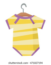 Yellow bodysuit for baby on a hanger vector flat design illustration isolated on white background.